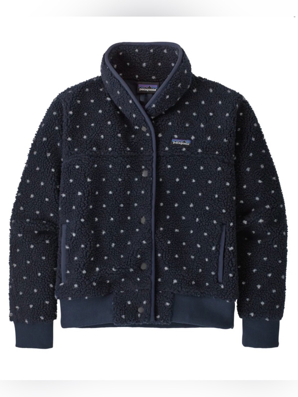 Patagonia Women’s Snap Front Retro-X® Jacket Cozy Navy Sherpa Jacket W/ Dots